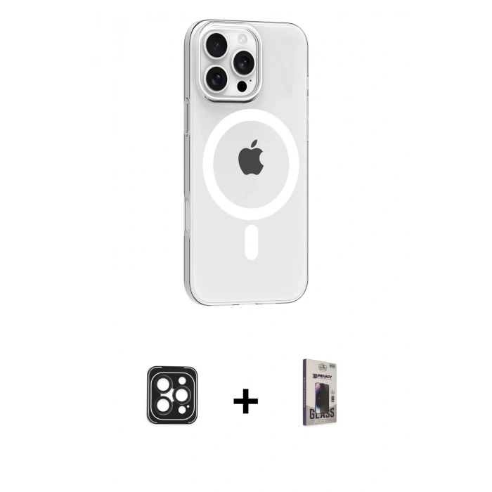 MARSİLYAN™- iPhone 16 Pro Max Kılıf Pusula Form Özel Seri - Siyah Bilvis Hayalet Cam Ekran Koruyucu + PVD Metal Kamera Lens - SH