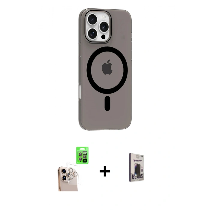 MARSİLYAN™- iPhone 16 Pro Max Kılıf Pusula Form Özel Seri - Siyah Bilvis Hayalet Cam Ekran Koruyucu + Raze Metal Kamera Lens - NLGY