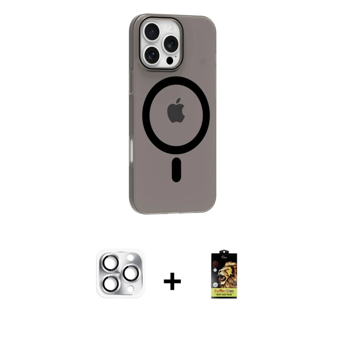 MARSİLYAN™- iPhone 16 Pro Max Kılıf Pusula Form Özel Seri - Siyah Buffer Cam Ekran Koruyucu + Pers Alüminyum Kamera Lens - GS