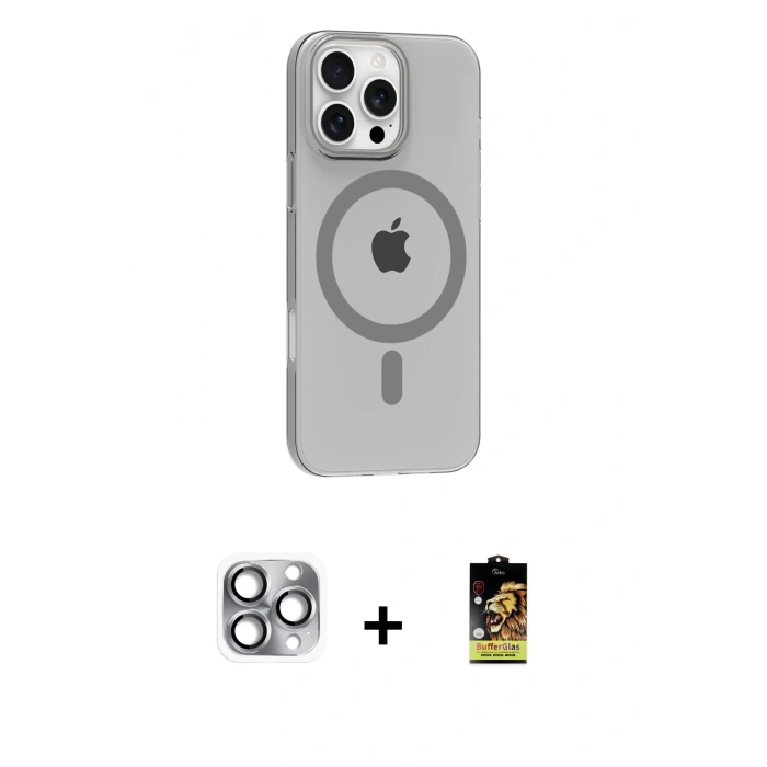 MARSİLYAN™- iPhone 16 Pro Max Kılıf Pusula Form Özel Seri - Siyah Buffer Cam Ekran Koruyucu + Pers Alüminyum Kamera Lens - GI