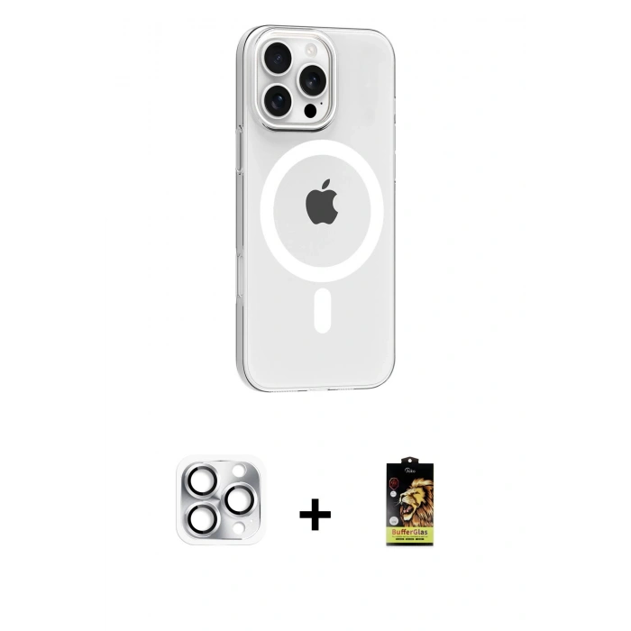 MARSİLYAN™- iPhone 16 Pro Max Kılıf Pusula Form Özel Seri - Siyah Buffer Cam Ekran Koruyucu + Pers Alüminyum Kamera Lens - GS