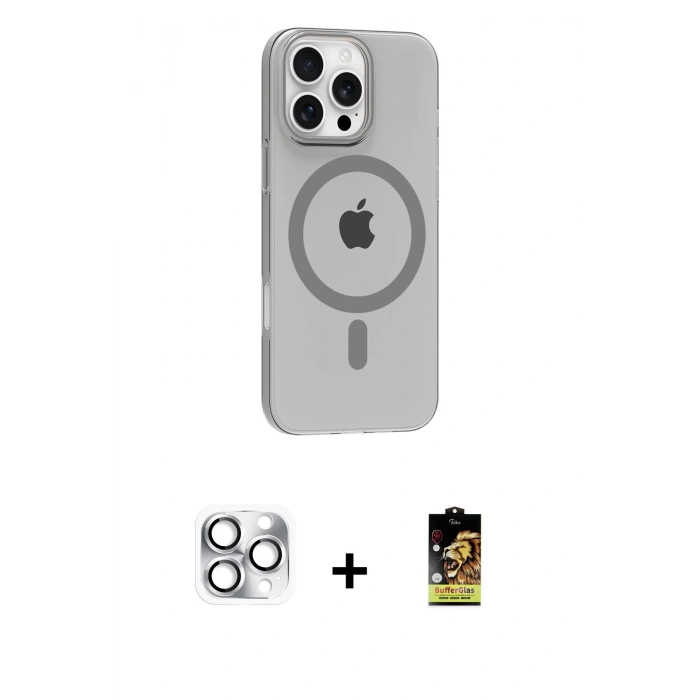 MARSİLYAN™- iPhone 16 Pro Max Kılıf Pusula Form Özel Seri - Siyah Buffer Cam Ekran Koruyucu + Pers Alüminyum Kamera Lens - GS