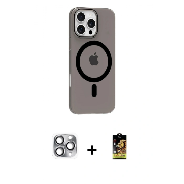 MARSİLYAN™- iPhone 16 Pro Max Kılıf Pusula Form Özel Seri - Siyah Buffer Cam Ekran Koruyucu + Pers Alüminyum Kamera Lens - GI