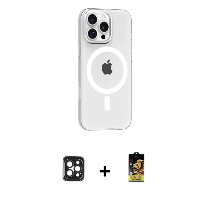 MARSİLYAN™- iPhone 16 Pro Max Kılıf Pusula Form Özel Seri - Siyah Buffer Cam Ekran Koruyucu + PVD Metal Kamera Lens - SH