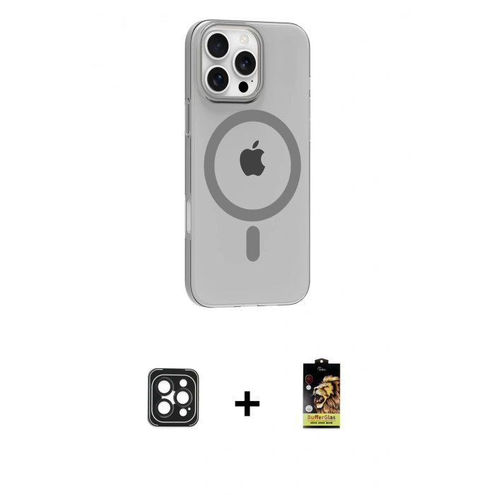 MARSİLYAN™- iPhone 16 Pro Max Kılıf Pusula Form Özel Seri - Siyah Buffer Cam Ekran Koruyucu + PVD Metal Kamera Lens - SH