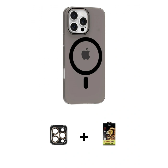 MARSİLYAN™- iPhone 16 Pro Max Kılıf Pusula Form Özel Seri - Siyah Buffer Cam Ekran Koruyucu + PVD Metal Kamera Lens - GD