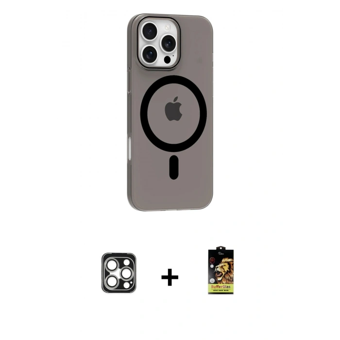 MARSİLYAN™- iPhone 16 Pro Max Kılıf Pusula Form Özel Seri - Siyah Buffer Cam Ekran Koruyucu + PVD Metal Kamera Lens - GS