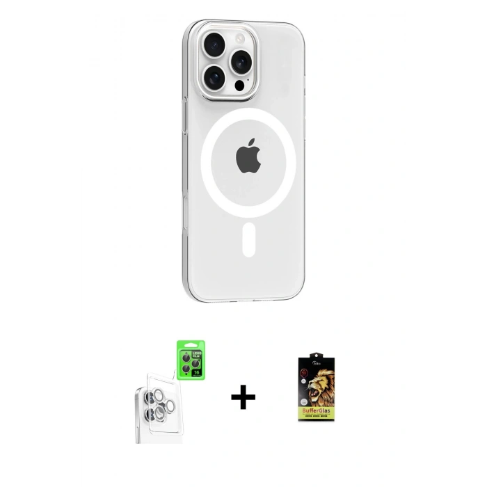 MARSİLYAN™- iPhone 16 Pro Max Kılıf Pusula Form Özel Seri - Siyah Buffer Cam Ekran Koruyucu + Raze Metal Kamera Lens - BZ