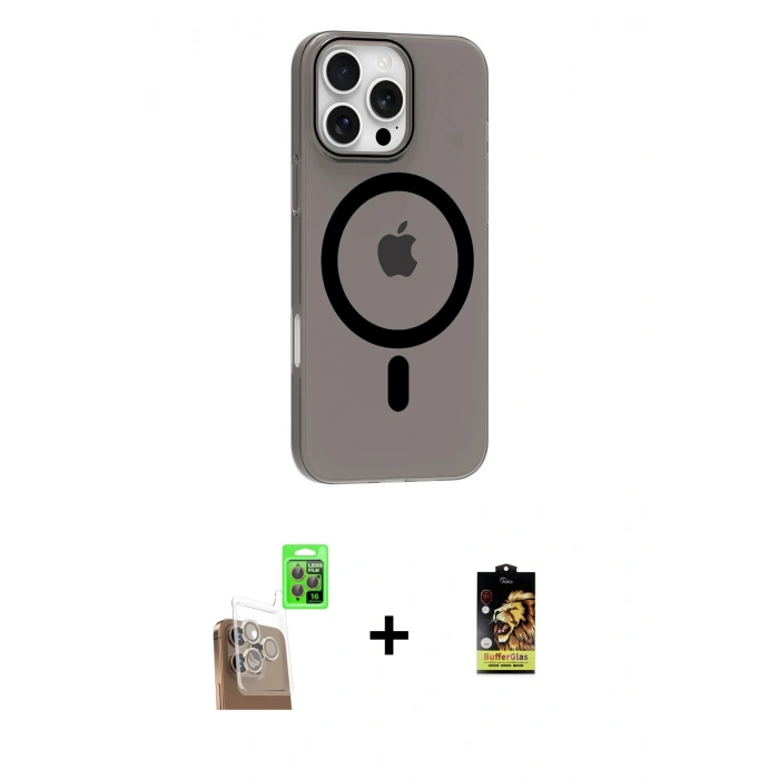 MARSİLYAN™- iPhone 16 Pro Max Kılıf Pusula Form Özel Seri - Siyah Buffer Cam Ekran Koruyucu + Raze Metal Kamera Lens - CLTM
