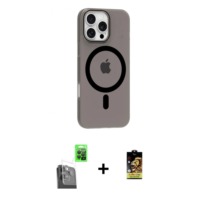 MARSİLYAN™- iPhone 16 Pro Max Kılıf Pusula Form Özel Seri - Siyah Buffer Cam Ekran Koruyucu + Raze Metal Kamera Lens - SH