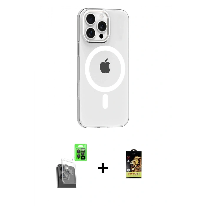 MARSİLYAN™- iPhone 16 Pro Max Kılıf Pusula Form Özel Seri - Siyah Buffer Cam Ekran Koruyucu + Raze Metal Kamera Lens - SH
