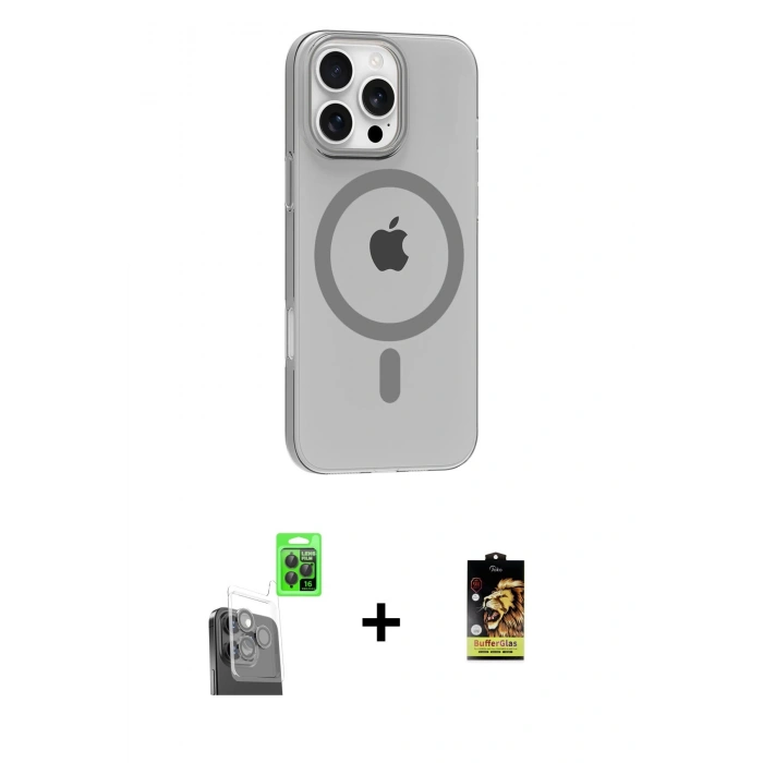 MARSİLYAN™- iPhone 16 Pro Max Kılıf Pusula Form Özel Seri - Siyah Buffer Cam Ekran Koruyucu + Raze Metal Kamera Lens - SH