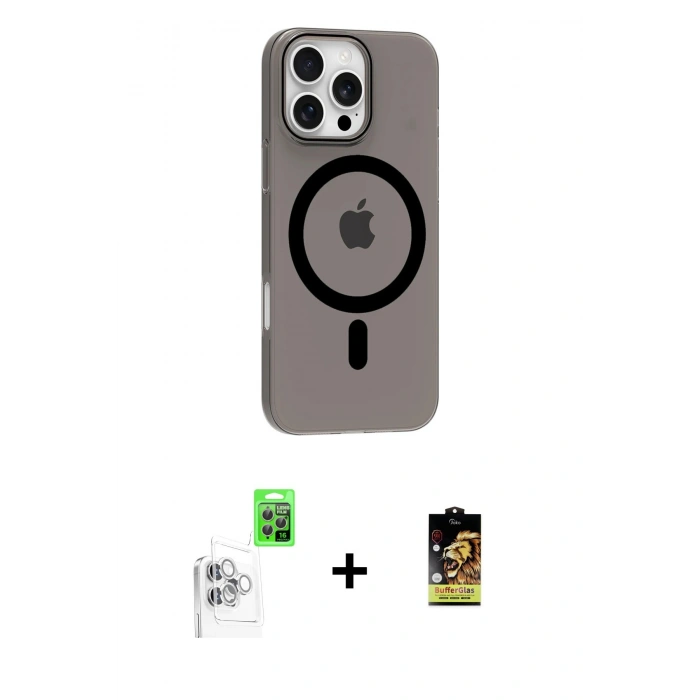 MARSİLYAN™- iPhone 16 Pro Max Kılıf Pusula Form Özel Seri - Siyah Buffer Cam Ekran Koruyucu + Raze Metal Kamera Lens - BZ
