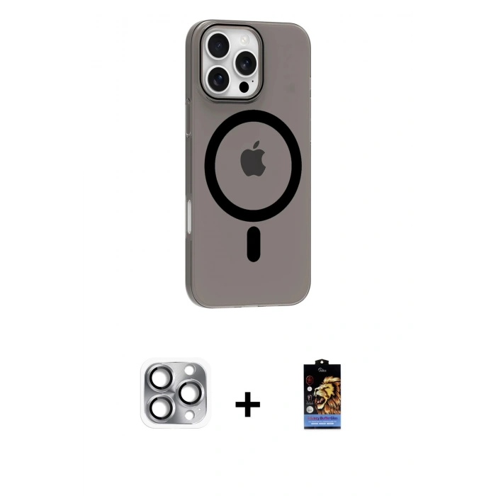 MARSİLYAN™- iPhone 16 Pro Max Kılıf Pusula Form Özel Seri - Siyah Buffer Hayalet Cam Ekran Koruyucu + Pers Alüminyum Kamera Lens - GI