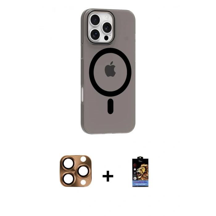MARSİLYAN™- iPhone 16 Pro Max Kılıf Pusula Form Özel Seri - Siyah Buffer Hayalet Cam Ekran Koruyucu + Pers Alüminyum Kamera Lens - CLTM