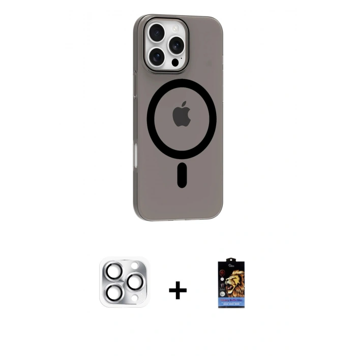 MARSİLYAN™- iPhone 16 Pro Max Kılıf Pusula Form Özel Seri - Siyah Buffer Hayalet Cam Ekran Koruyucu + Pers Alüminyum Kamera Lens - GS