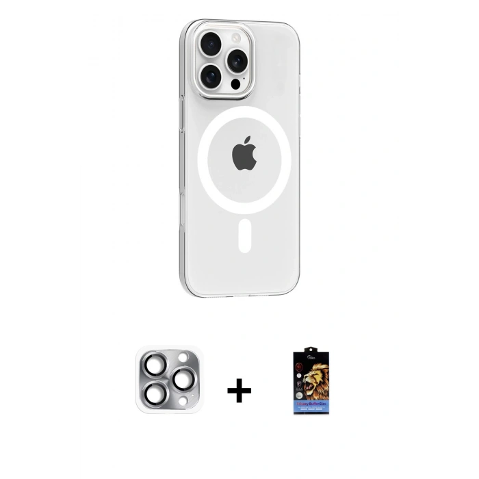 MARSİLYAN™- iPhone 16 Pro Max Kılıf Pusula Form Özel Seri - Siyah Buffer Hayalet Cam Ekran Koruyucu + Pers Alüminyum Kamera Lens - GI