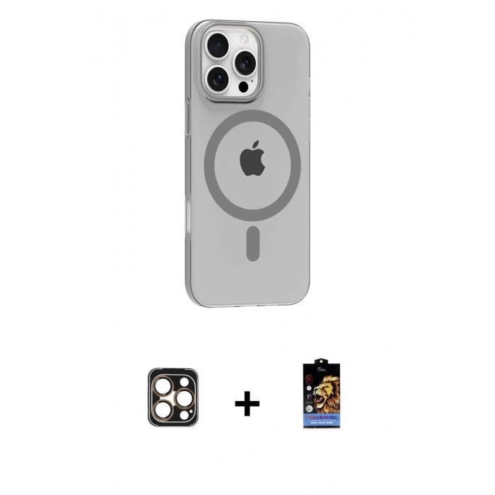 MARSİLYAN™- iPhone 16 Pro Max Kılıf Pusula Form Özel Seri - Siyah Buffer Hayalet Cam Ekran Koruyucu + PVD Metal Kamera Lens - GD