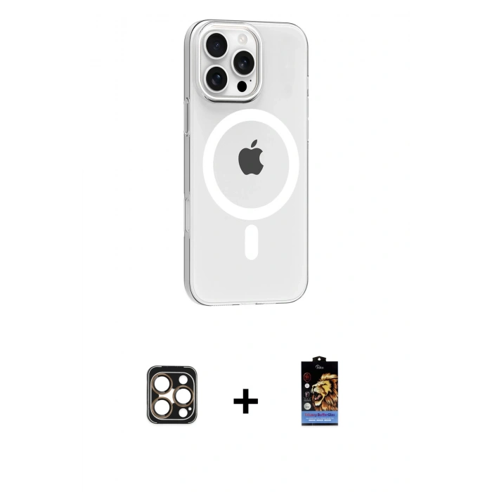 MARSİLYAN™- iPhone 16 Pro Max Kılıf Pusula Form Özel Seri - Siyah Buffer Hayalet Cam Ekran Koruyucu + PVD Metal Kamera Lens - GD