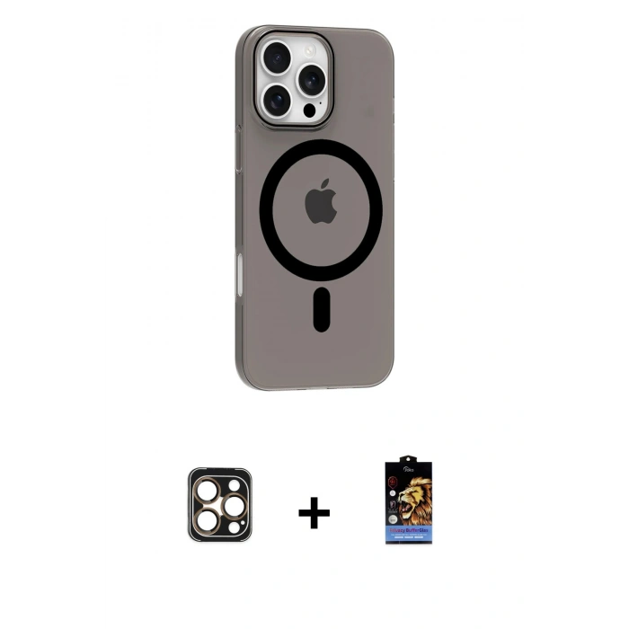 MARSİLYAN™- iPhone 16 Pro Max Kılıf Pusula Form Özel Seri - Siyah Buffer Hayalet Cam Ekran Koruyucu + PVD Metal Kamera Lens - GD