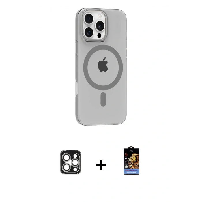MARSİLYAN™- iPhone 16 Pro Max Kılıf Pusula Form Özel Seri - Siyah Buffer Hayalet Cam Ekran Koruyucu + PVD Metal Kamera Lens - GS