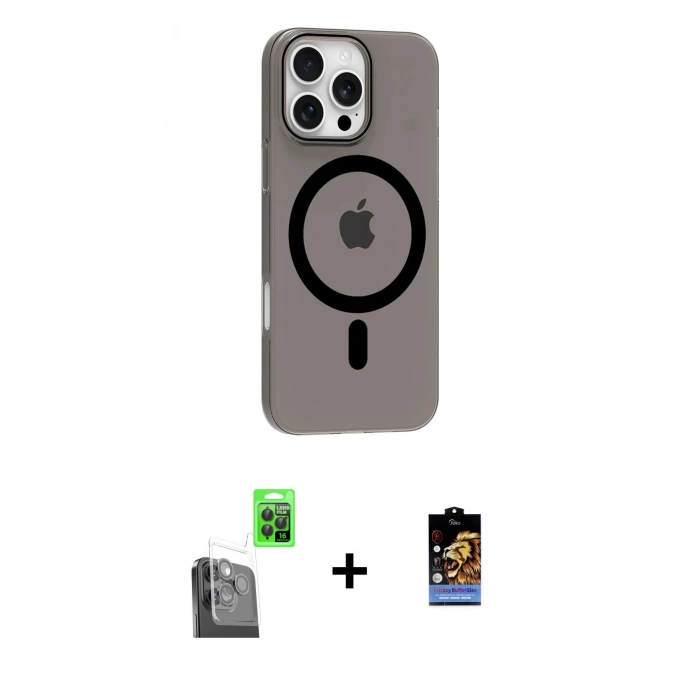 MARSİLYAN™- iPhone 16 Pro Max Kılıf Pusula Form Özel Seri - Siyah Buffer Hayalet Cam Ekran Koruyucu + Raze Metal Kamera Lens - SH