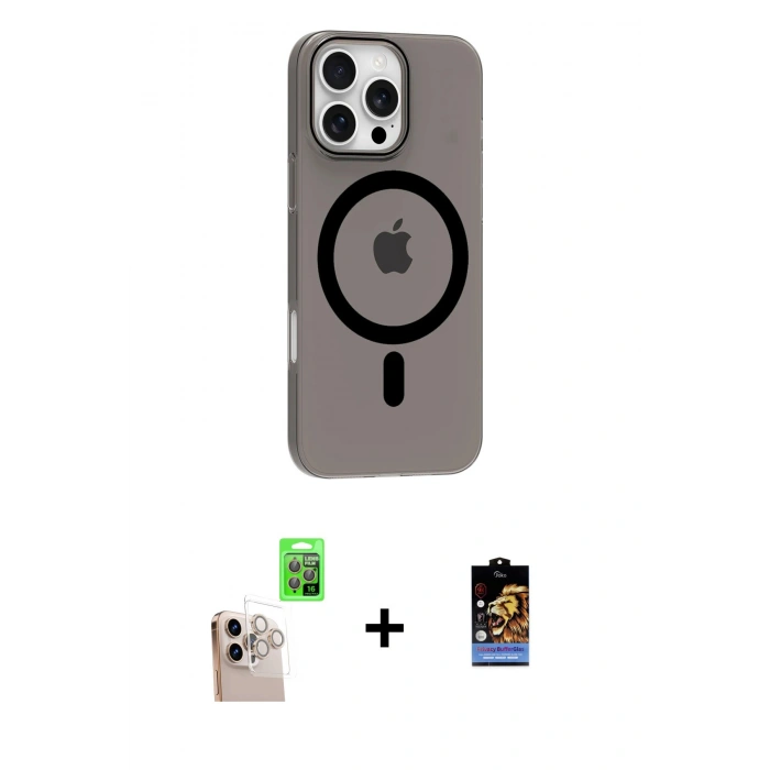 MARSİLYAN™- iPhone 16 Pro Max Kılıf Pusula Form Özel Seri - Siyah Buffer Hayalet Cam Ekran Koruyucu + Raze Metal Kamera Lens - NLGY