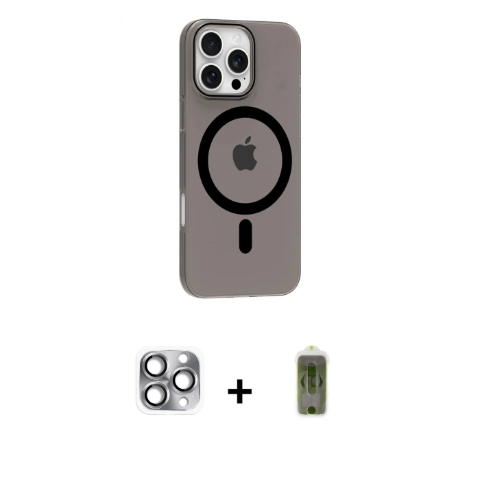 MARSİLYAN™- iPhone 16 Pro Max Kılıf Pusula Form Özel Seri - Siyah Joko Magic 5D Hayalet Cam + Pers Alüminyum Kamera Lens - GI