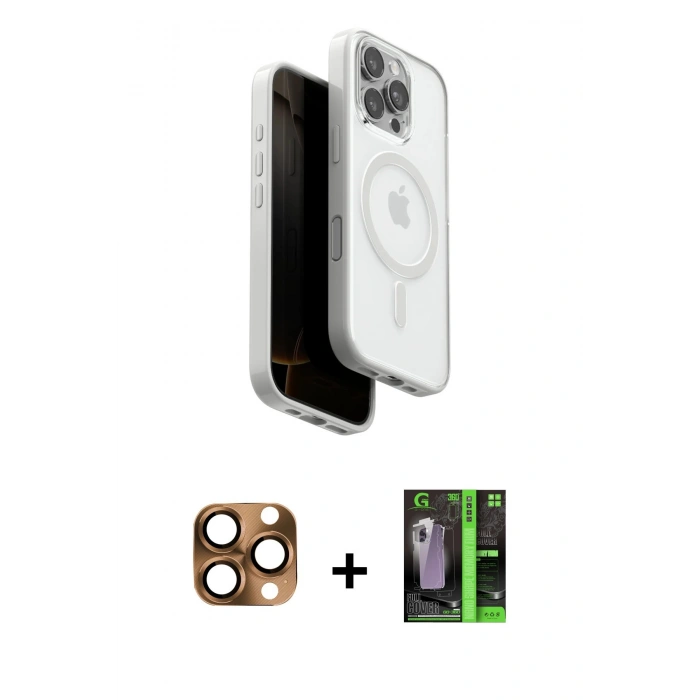 MARSİLYAN™- iPhone 16 Pro Max Kılıf Pusula Form Serisi - Şeffaf 360 Full Body Arka Koruyucu + Pers Alüminyum Kamera Lens - CLTM