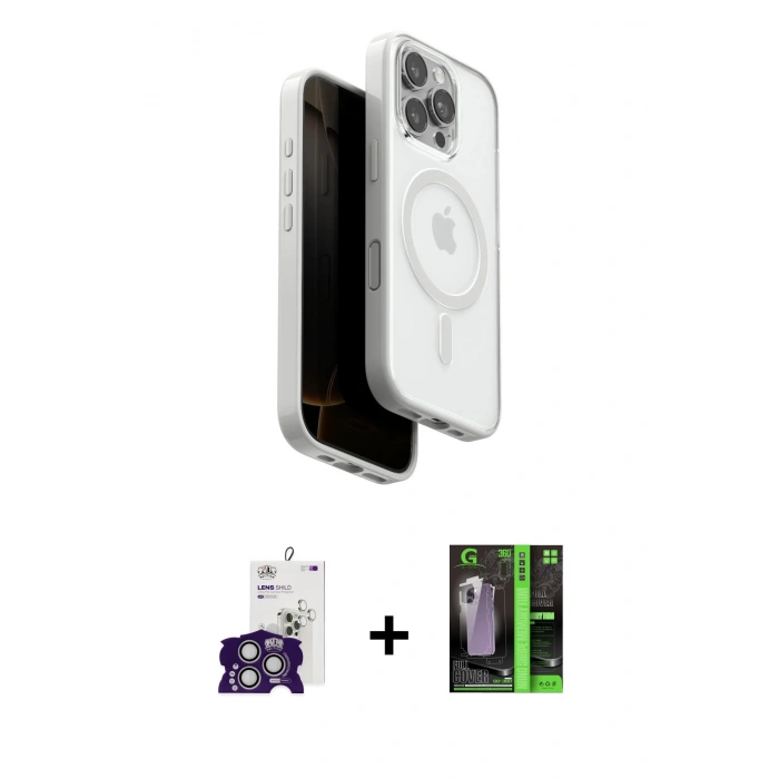 MARSİLYAN™- iPhone 16 Pro Max Kılıf Pusula Form Serisi - Şeffaf 360 Full Body Arka Koruyucu + Gümüş Bilvis Titan Kamera Lens