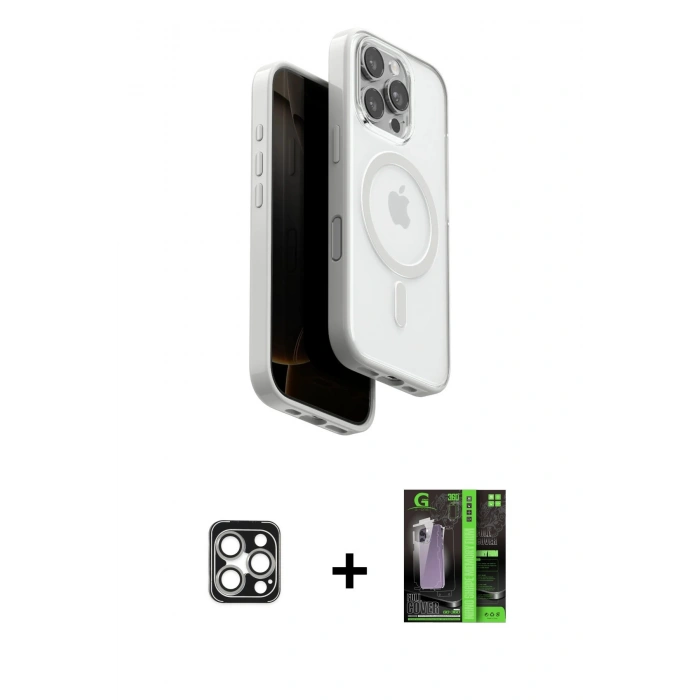 MARSİLYAN™- iPhone 16 Pro Max Kılıf Pusula Form Serisi - Şeffaf 360 Full Body Arka Koruyucu + PVD Metal Kamera Lens - GS