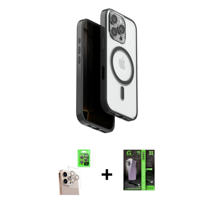 MARSİLYAN™- iPhone 16 Pro Max Kılıf Pusula Form Serisi - Şeffaf 360 Full Body Arka Koruyucu + Raze Metal Kamera Lens - NLGY