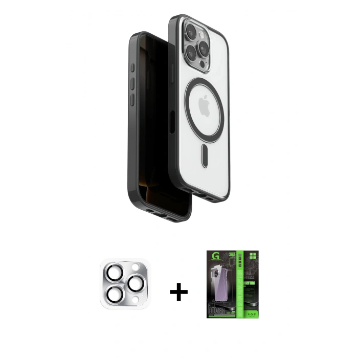 MARSİLYAN™- iPhone 16 Pro Max Kılıf Pusula Form Serisi - Şeffaf 360 Full Body Arka Koruyucu + Pers Alüminyum Kamera Lens - GS