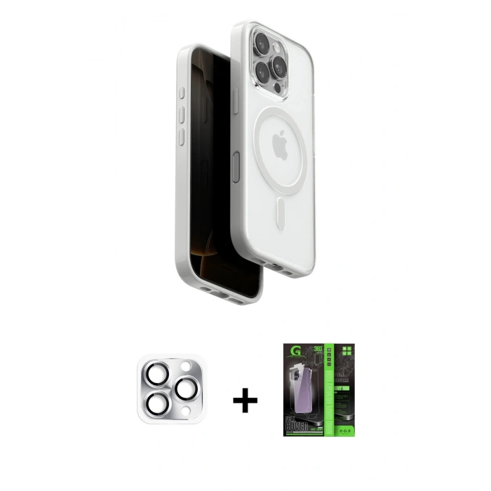 MARSİLYAN™- iPhone 16 Pro Max Kılıf Pusula Form Serisi - Şeffaf 360 Full Body Arka Koruyucu + Pers Alüminyum Kamera Lens - GS
