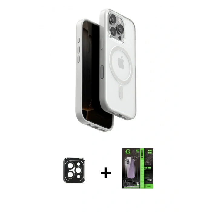 MARSİLYAN™- iPhone 16 Pro Max Kılıf Pusula Form Serisi - Şeffaf 360 Full Body Arka Koruyucu + PVD Metal Kamera Lens - SH