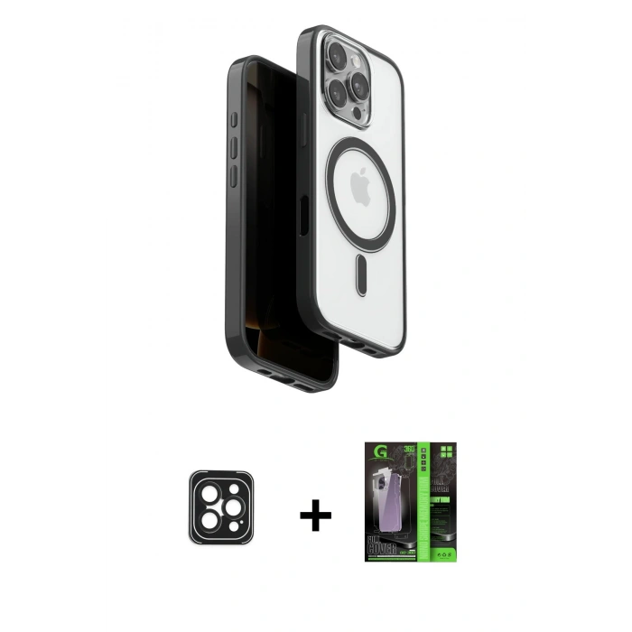 MARSİLYAN™- iPhone 16 Pro Max Kılıf Pusula Form Serisi - Şeffaf 360 Full Body Arka Koruyucu + PVD Metal Kamera Lens - SH