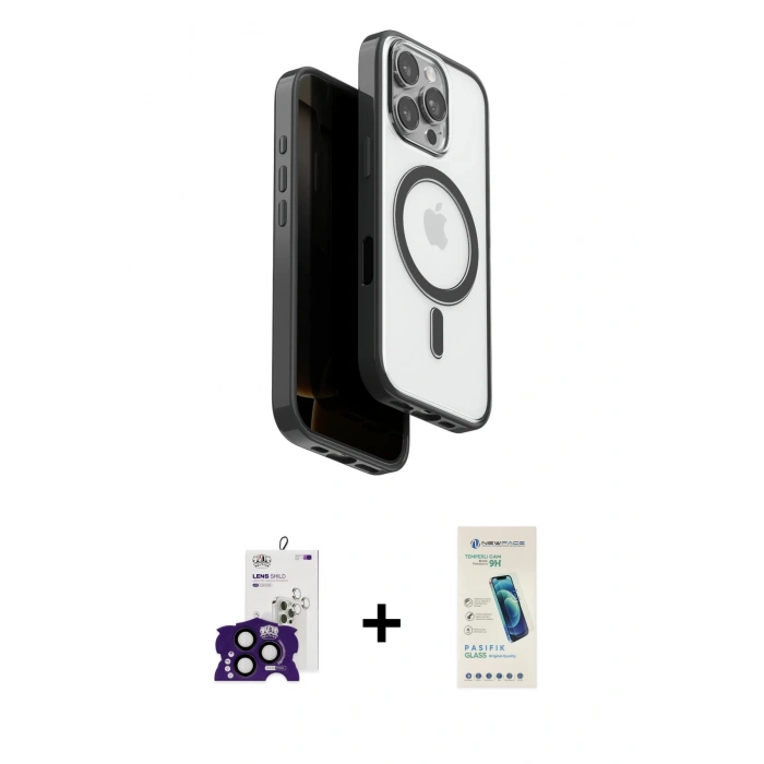 MARSİLYAN™- iPhone 16 Pro Max Kılıf Pusula Form Serisi - Şeffaf Pasifik Cam Ekran Koruyucu + Bilvis Titan Kamera Lens - SH