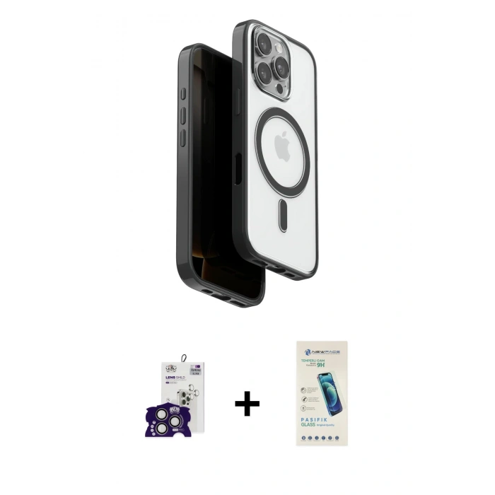MARSİLYAN™- iPhone 16 Pro Max Kılıf Pusula Form Serisi - Şeffaf Pasifik Cam Ekran Koruyucu + Bilvis Titan Kamera Lens - TMGI