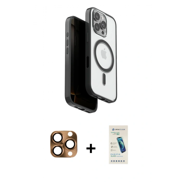 MARSİLYAN™- iPhone 16 Pro Max Kılıf Pusula Form Serisi - Şeffaf Pasifik Cam Ekran Koruyucu + Pers Alüminyum Kamera Lens - CLTM