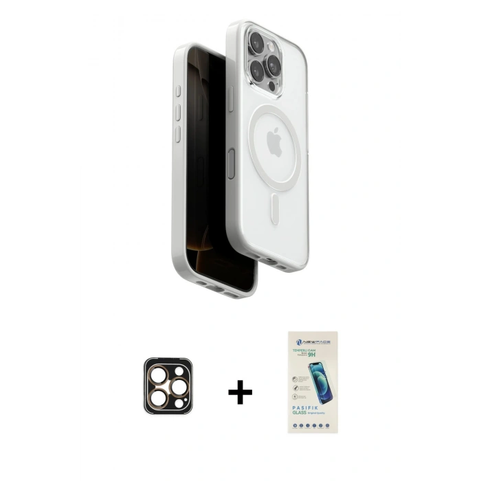 MARSİLYAN™- iPhone 16 Pro Max Kılıf Pusula Form Serisi - Şeffaf Pasifik Cam Ekran Koruyucu + PVD Metal Kamera Lens - GD