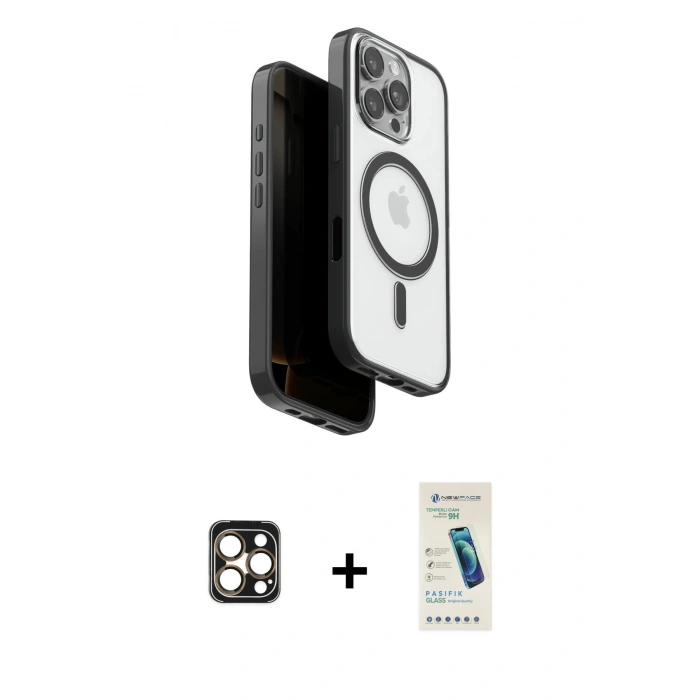 MARSİLYAN™- iPhone 16 Pro Max Kılıf Pusula Form Serisi - Şeffaf Pasifik Cam Ekran Koruyucu + PVD Metal Kamera Lens - GD
