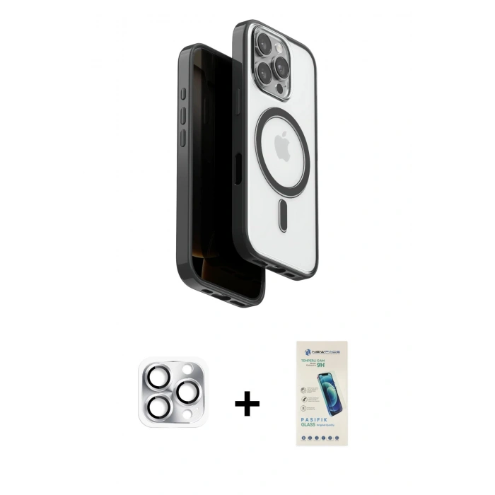 MARSİLYAN™- iPhone 16 Pro Max Kılıf Pusula Form Serisi - Şeffaf Pasifik Cam Ekran Koruyucu + Pers Alüminyum Kamera Lens - GS