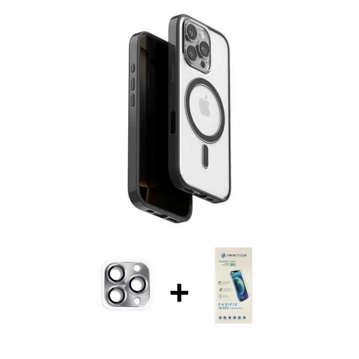 MARSİLYAN™- iPhone 16 Pro Max Kılıf Pusula Form Serisi - Şeffaf Pasifik Cam Ekran Koruyucu + Pers Alüminyum Kamera Lens - GI