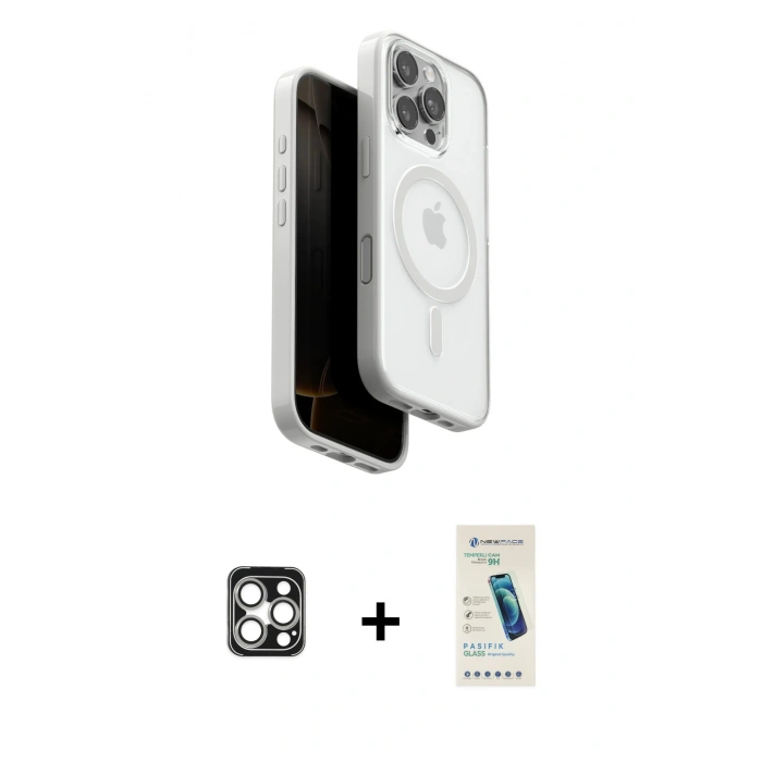 MARSİLYAN™- iPhone 16 Pro Max Kılıf Pusula Form Serisi - Şeffaf Pasifik Cam Ekran Koruyucu + PVD Metal Kamera Lens - GS