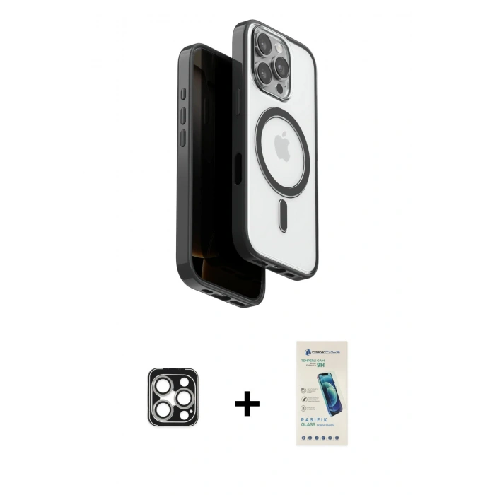 MARSİLYAN™- iPhone 16 Pro Max Kılıf Pusula Form Serisi - Şeffaf Pasifik Cam Ekran Koruyucu + PVD Metal Kamera Lens - GS
