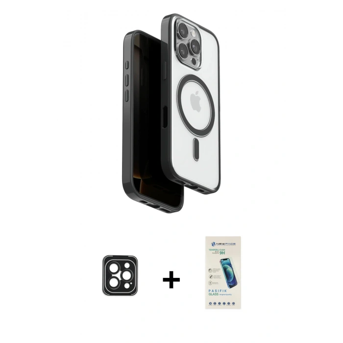 MARSİLYAN™- iPhone 16 Pro Max Kılıf Pusula Form Serisi - Şeffaf Pasifik Cam Ekran Koruyucu + PVD Metal Kamera Lens - SH