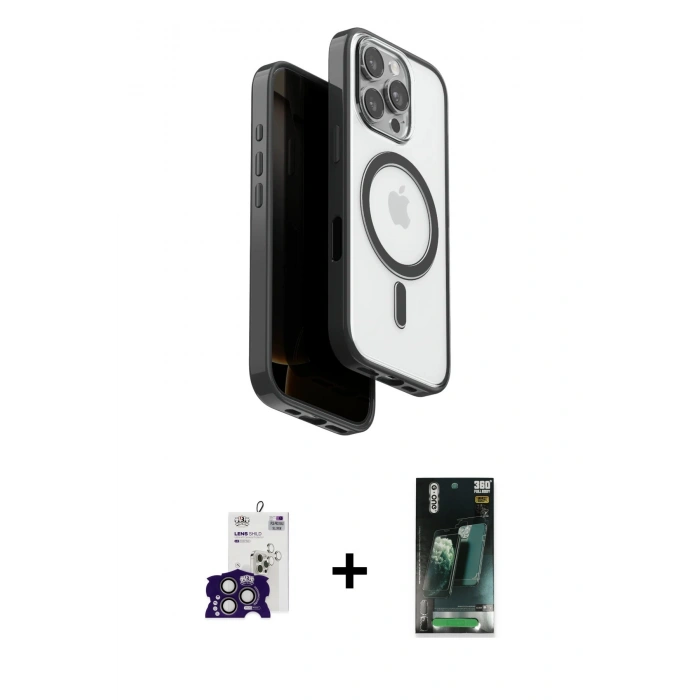 MARSİLYAN™- iPhone 16 Pro Max Kılıf Pusula Form Serisi - Siyah 360 Mat Full Body Arka Koruyucu + Bilvis Titan Kamera Lens - TMGI