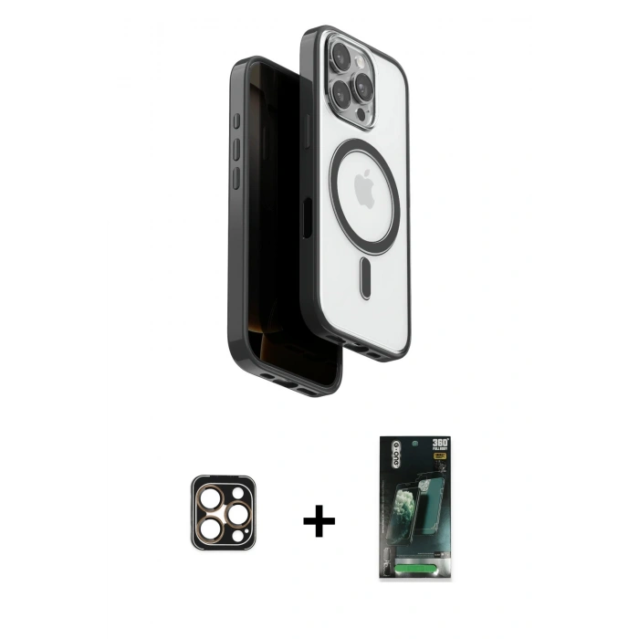 MARSİLYAN™- iPhone 16 Pro Max Kılıf Pusula Form Serisi - Siyah 360 Mat Full Body Arka Koruyucu + Gold PVD Metal Kamera Lens