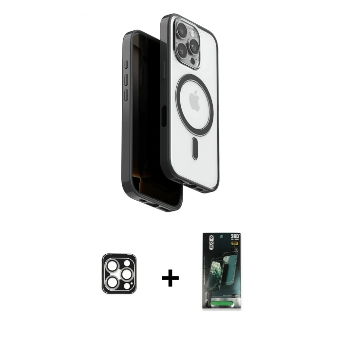 MARSİLYAN™- iPhone 16 Pro Max Kılıf Pusula Form Serisi - Siyah 360 Mat Full Body Arka Koruyucu + PVD Metal Kamera Lens - GS