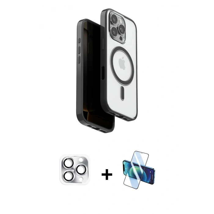 MARSİLYAN™- iPhone 16 Pro Max Kılıf Pusula Form Serisi - Siyah 3D Antistatik Cam Ekran Koruyucu + Pers Alüminyum Kamera Lens - GS